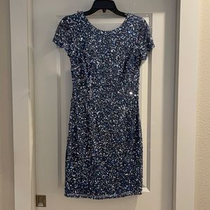 Adrienne Pappel Blue Beaded Sequined Dress. Size 6. Short Sleeved.